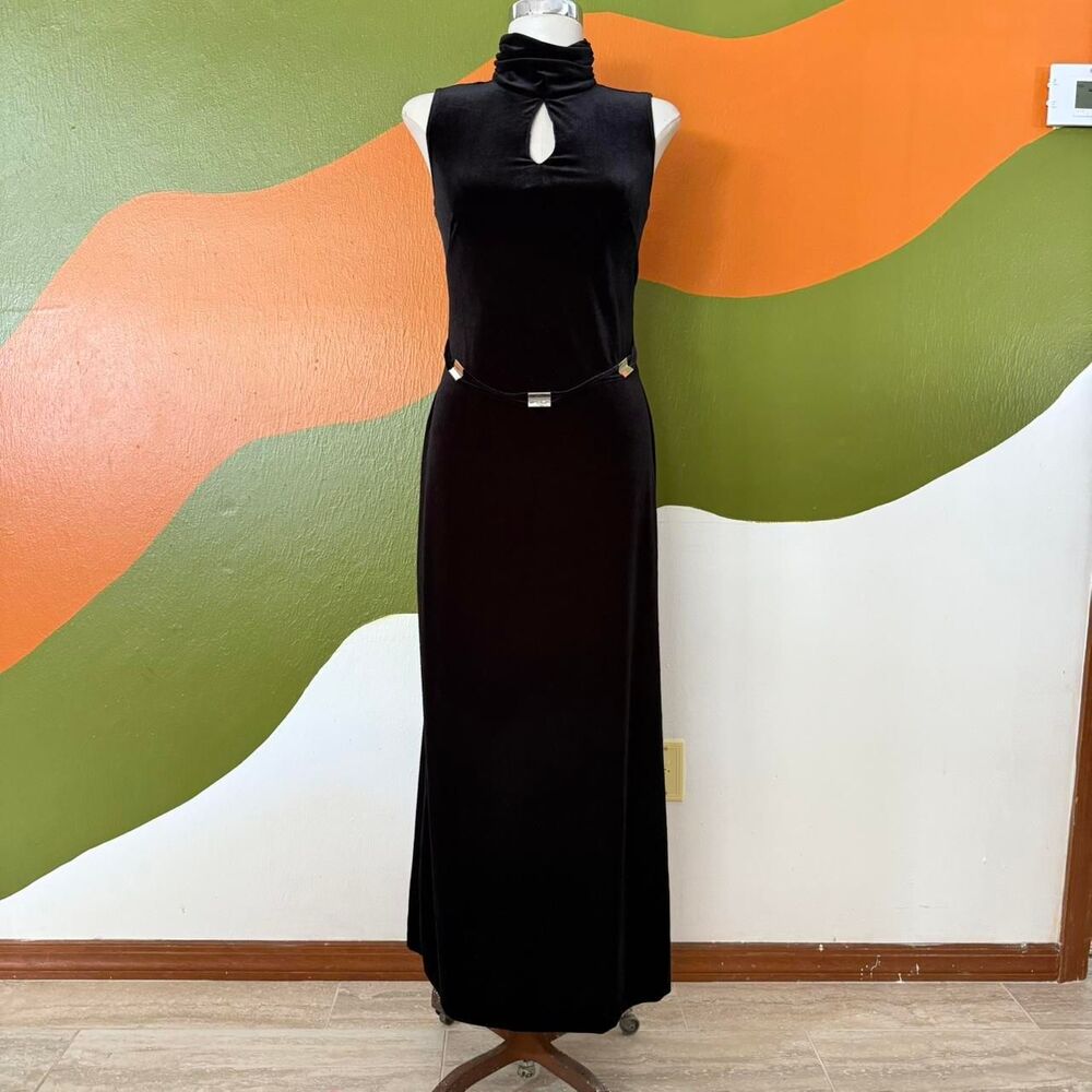 Vtg 90s Black Velvet Keyhole Maxi Dress Mock Neck Goth Vampy Prom Gown 7/8